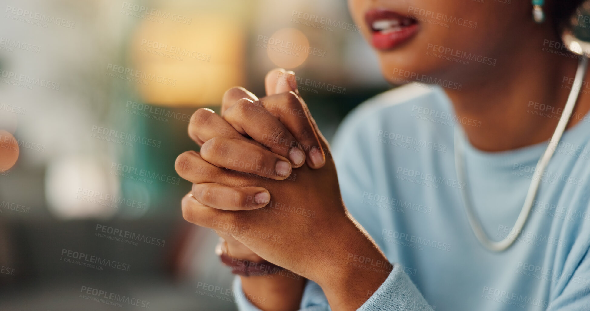 Buy stock photo Home, worship and hands of woman with praying for spiritual healing, faith and  in God. Jesus, love and Christian person with prayer for religious guide, forgiveness and confession to Holy Spirit