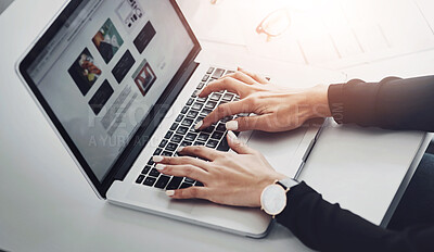 Buy stock photo Hands, laptop and typing at desk for remote work, research and magazine editing. Woman, writer and computer screen in home office for article, news update and language translation for information