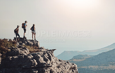 Buy stock photo Friends, hiking and mountain on peak outdoor for fitness travel, adventure view and backpack journey in summer. People, backpacking and trekking together for cardio exercise, rock climbing and health