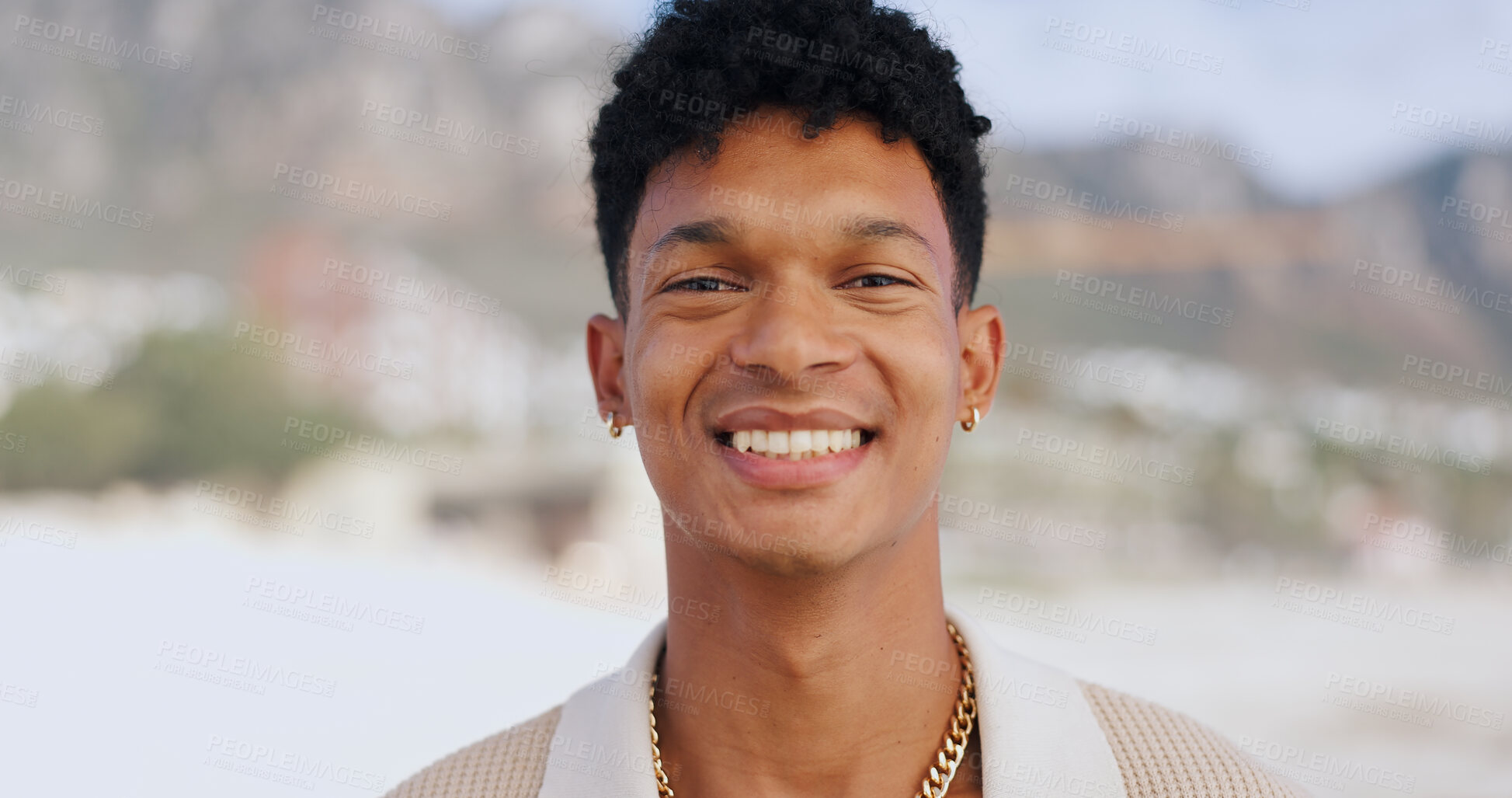 Buy stock photo Face, Mexican man and happy at beach on portrait for holiday, break and fresh air on day off. Smile, outdoor and confident in seaside on vacation as traveler for tour, trip and journey to explore