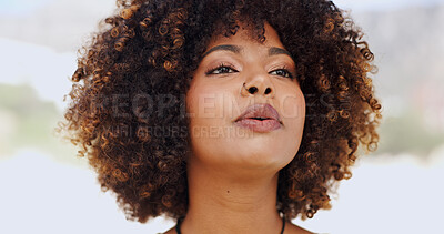 Buy stock photo Face, black woman and relax in outdoor for holiday, break and fresh air on day off. Female person, breathe exercise and afro with chilling with mindfulness, balance and mental health for wellness