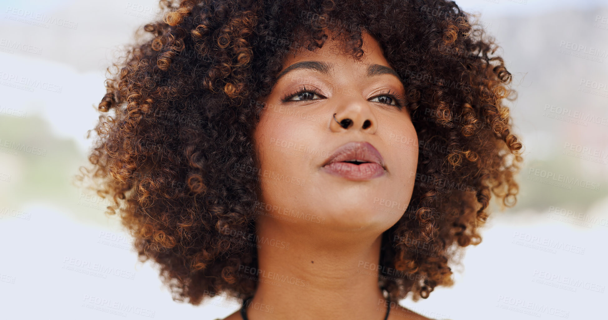 Buy stock photo Face, black woman and relax in outdoor for holiday, break and fresh air on day off. Female person, breathe exercise and afro with chilling with mindfulness, balance and mental health for wellness
