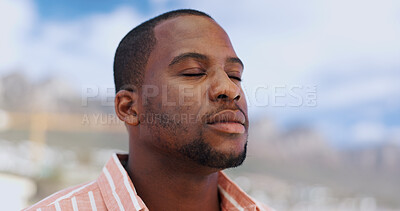 Buy stock photo Breathing, fresh air and black man outdoor for wellness, zen and calm in nature of Jamaica and travel. Peace, mindfulness and vacation in island to refresh, paradise and meditation for person