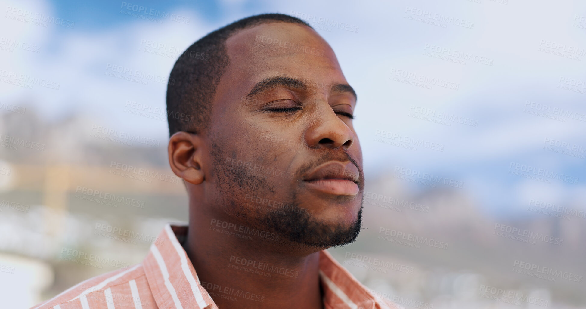 Buy stock photo Breathing, fresh air and black man outdoor for wellness, zen and calm in nature of Jamaica and travel. Peace, mindfulness and vacation in island to refresh, paradise and meditation for person