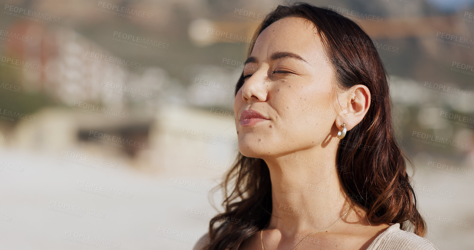 Buy stock photo Calm, fresh air and woman outdoor for wellness, zen and breathing in nature of California and travel. Peace, mindfulness and vacation in island to refresh, paradise and meditation for person to relax