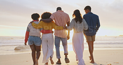 Buy stock photo Beach, back and friends hug at sunset on vacation, holiday and travel on tropical island. Embrace, men and group of women at sea outdoor for journey, relax or bonding at ocean on summer trip together