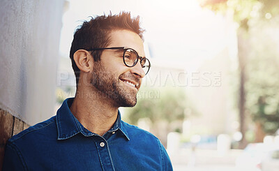 Buy stock photo Thinking, smile and man with glasses, outdoor and happy with decision of studying in California and college. Street, city and person with vision for education, casual and writer with ideas in USA