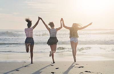 Buy stock photo Back, freedom and friends in beach for support, holding hands and bonding together on vacation in Miami. Sand, waves and group of women for travel, adventure and peace with fun for holiday in ocean