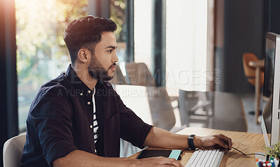 Buy stock photo Working, career man and computer in office as employee, creative and graphic designer. Male person, serious and technology in digital agency for business, project or deadline with ambition at company