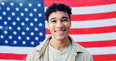 Buy stock photo Man, portrait and american flag for independence, smile and heritage in background. Male model, stars and stripes for patriotism in USA, freedom or representation in celebration for human rights