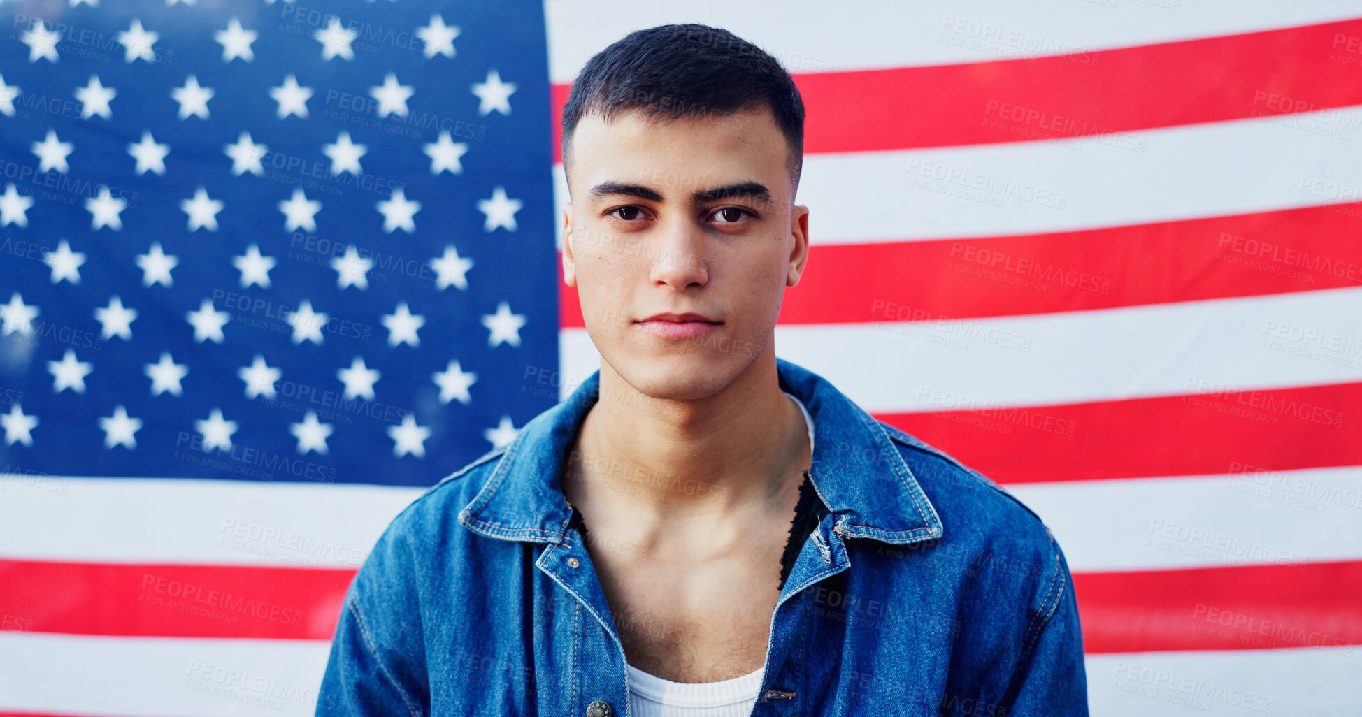 Buy stock photo Man, american flag and portrait for independence day, pride and heritage in background. Male model, stars and stripes for patriotism in USA, freedom or representation in celebration for human rights