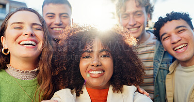 Buy stock photo Friends, group and selfie outdoor for holiday, party and get together or hangout with social media. Excited portrait of young people in profile picture for bonding, youth and diversity by lens flare