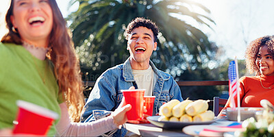 Buy stock photo Friends, celebration and independence day in USA with backyard food, drinks and international holiday. Social group of people with American Flag, barbecue and lunch at patio table for fourth of July