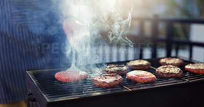 Buy stock photo Barbecue, party and man with burgers outdoor backyard for meal at reunion, social event or lunch on terrace. Grill, food and male person cooking patty, beef or meat for bbq dish on weekend at home.