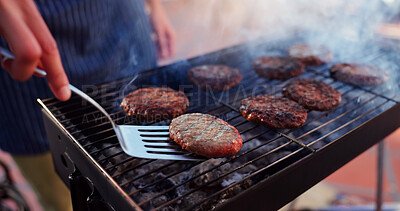 Buy stock photo Barbecue, reunion and person with burgers outdoor backyard for meal at party, social event or lunch on terrace. Grill, food and chef cooking patty, beef or meat for bbq dish on weekend at home.