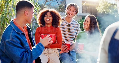 Buy stock photo Group, friends and barbecue in backyard for party, drinks and happy for conversation in summer. Men, women and gen z people with alcohol, beer and laugh with funny memory, diversity or bbq in Florida