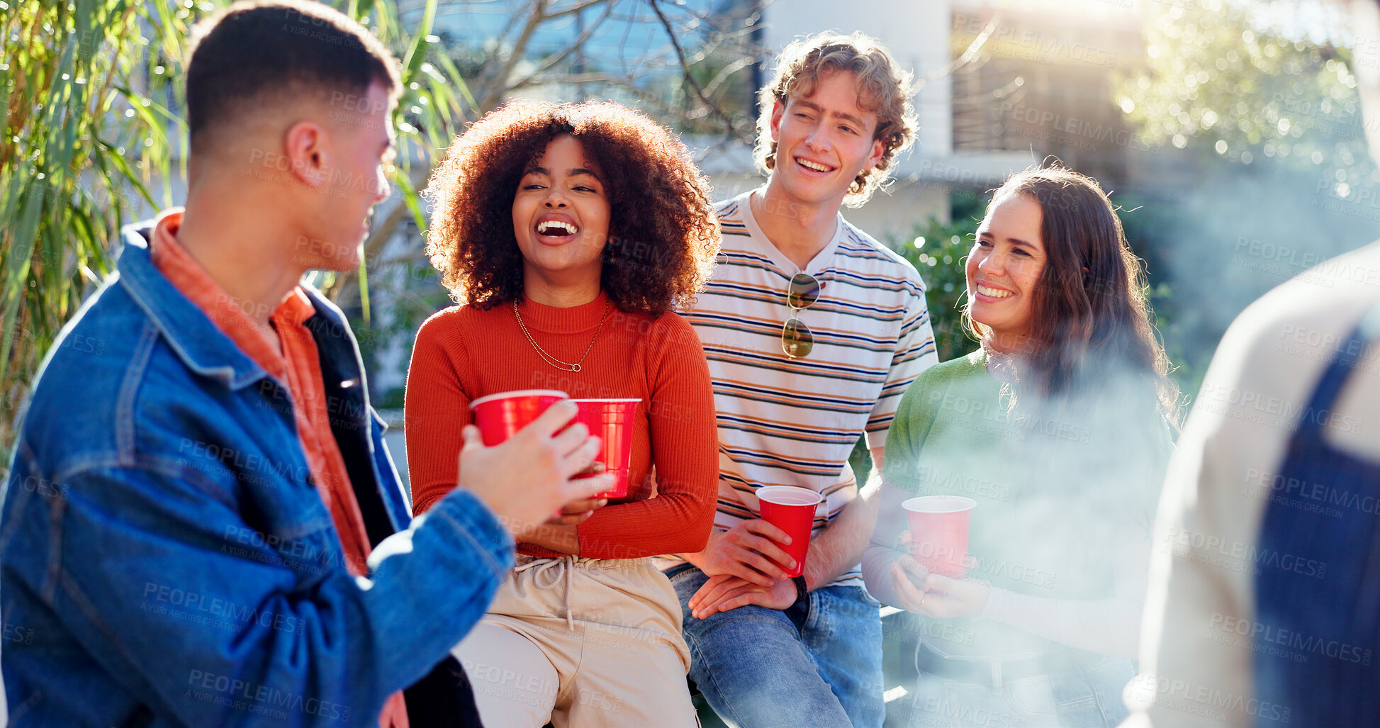 Buy stock photo Group, friends and barbecue in backyard for party, drinks and happy for conversation in summer. Men, women and gen z people with alcohol, beer and laugh with funny memory, diversity or bbq in Florida