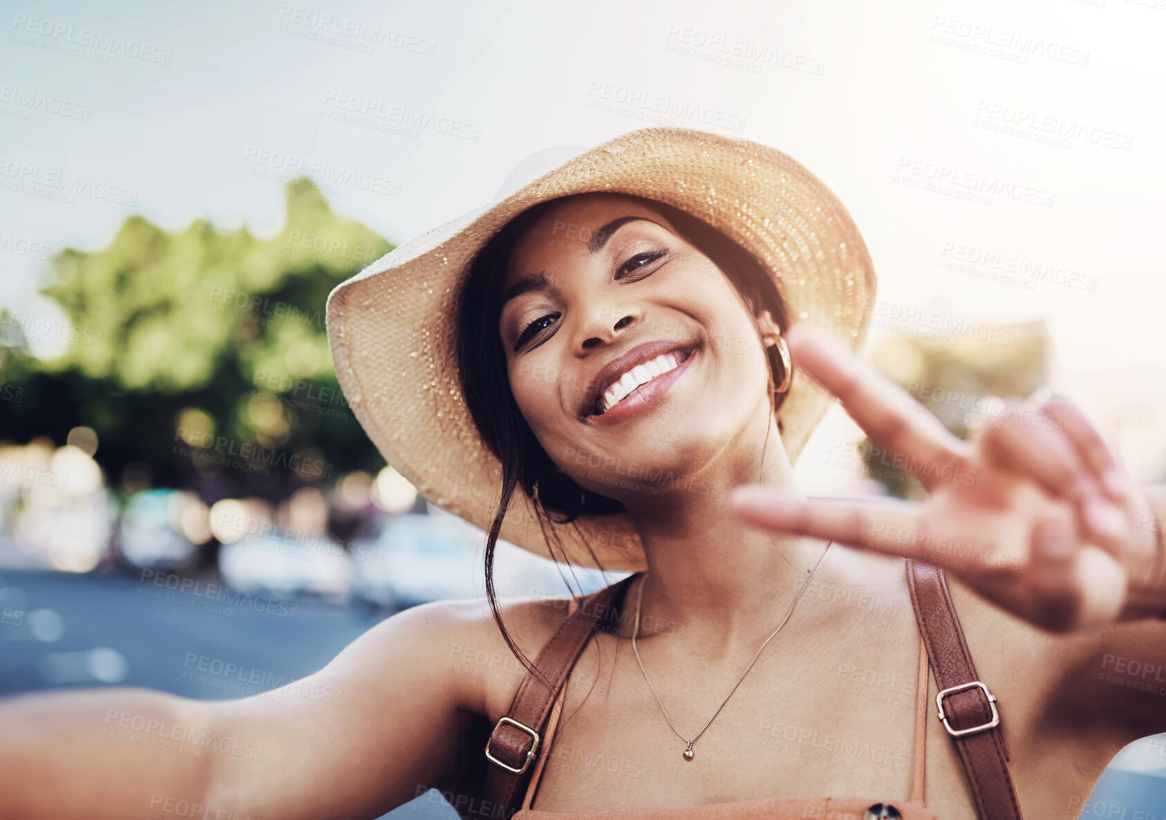 Buy stock photo Selfie, peace sign or girl in city for travel fun, vacation and social media update as digital nomad. Happy woman, smile or cool influencer in street for hand gesture or holiday break on application