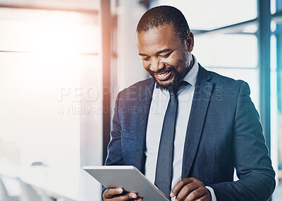 Buy stock photo Black man, smile and tablet for reading business email, communication and networking in office. African financial advisor, happy and fintech for online news, positive feedback and investment research