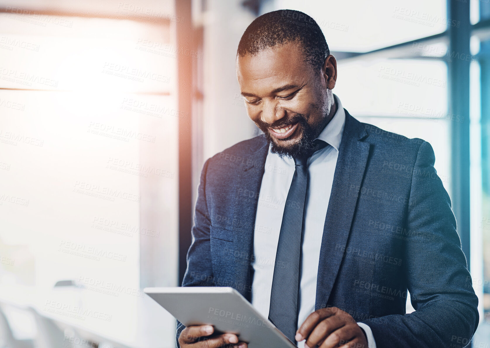 Buy stock photo Black man, smile and tablet for reading business email, communication and networking in office. African financial advisor, happy and fintech for online news, positive feedback and investment research