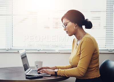 Buy stock photo Remote work, woman or typing on laptop for planning, research or creativity in personal blog. Freelancer, computer or online in home office for job search, opportunity or portfolio update in Brazil