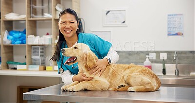 Buy stock photo Happy woman, portrait and veterinarian with dog for animal checkup, visit or healthcare at shelter. Young asian female person or veterinary with smile for medical pet care or treatment at clinic