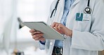 Woman, doctor and hands with tablet for medical research, discovery or study at hospital. Closeup of healthcare employee scrolling on technology for telehealth, medicare or online browsing at clinic