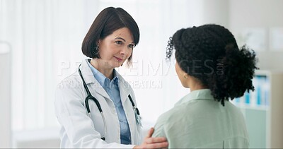 Buy stock photo Hospital, consulting and doctor and patient for comfort, empathy and support for diagnosis results. Healthcare, conversation and health worker with person for medical care, service and help in clinic