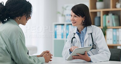 Buy stock photo Healthcare, tablet and woman consulting doctor in office for surgery, planning and treatment support. Hospital, service and client with friendly surgeon for digital, checklist or insurance compliance