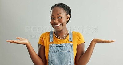 Buy stock photo Portrait, options and black woman with open hands, decision and feedback on grey studio background. African person, face and model with hand gesture, comparison and opportunity with advice and choice