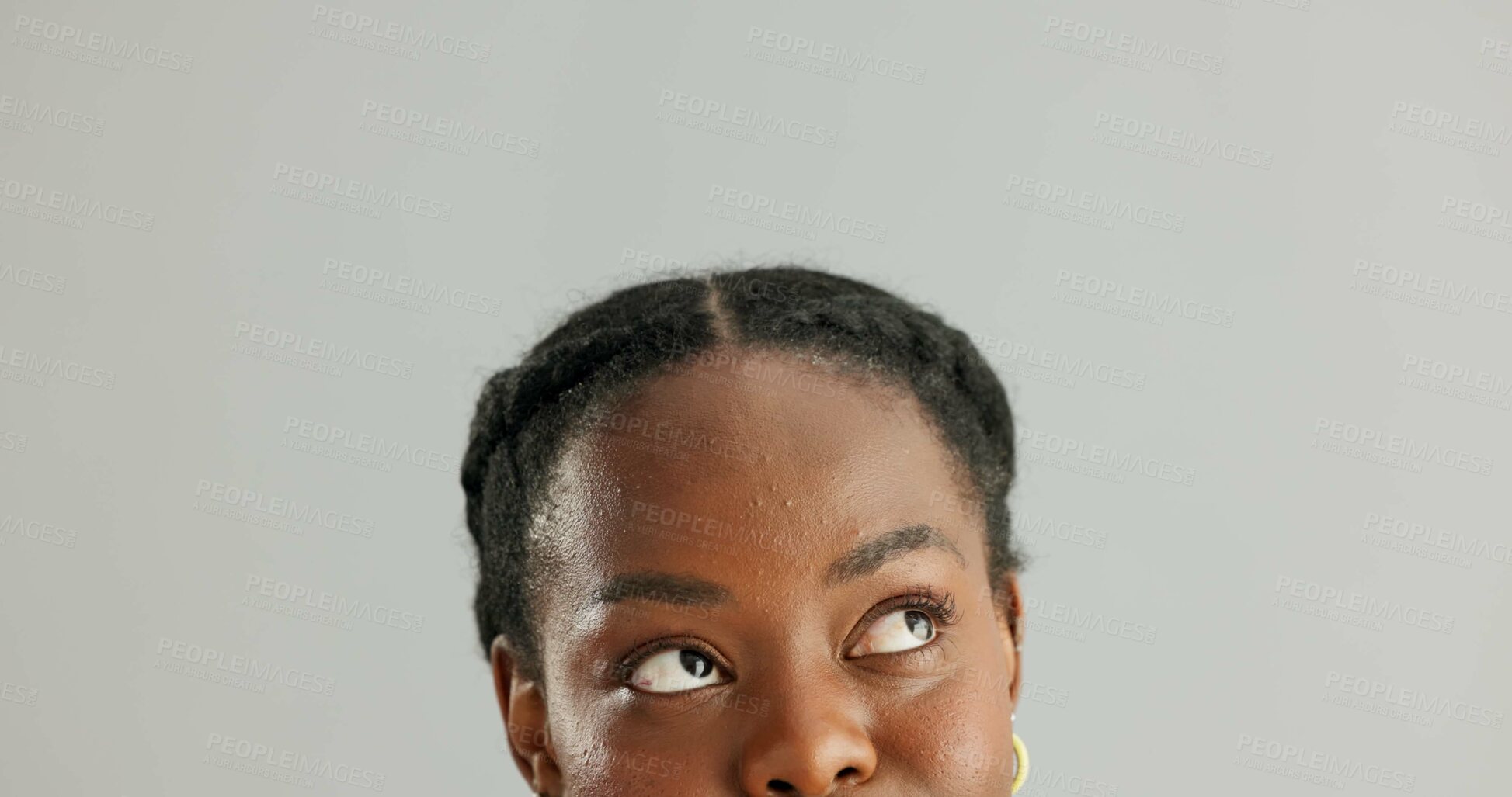 Buy stock photo Black woman, eyes and thinking in studio for problem solving or planning, ideas and brainstorming for decision. Girl, thoughtful and isolated on white background with mockup, pensive and choice.