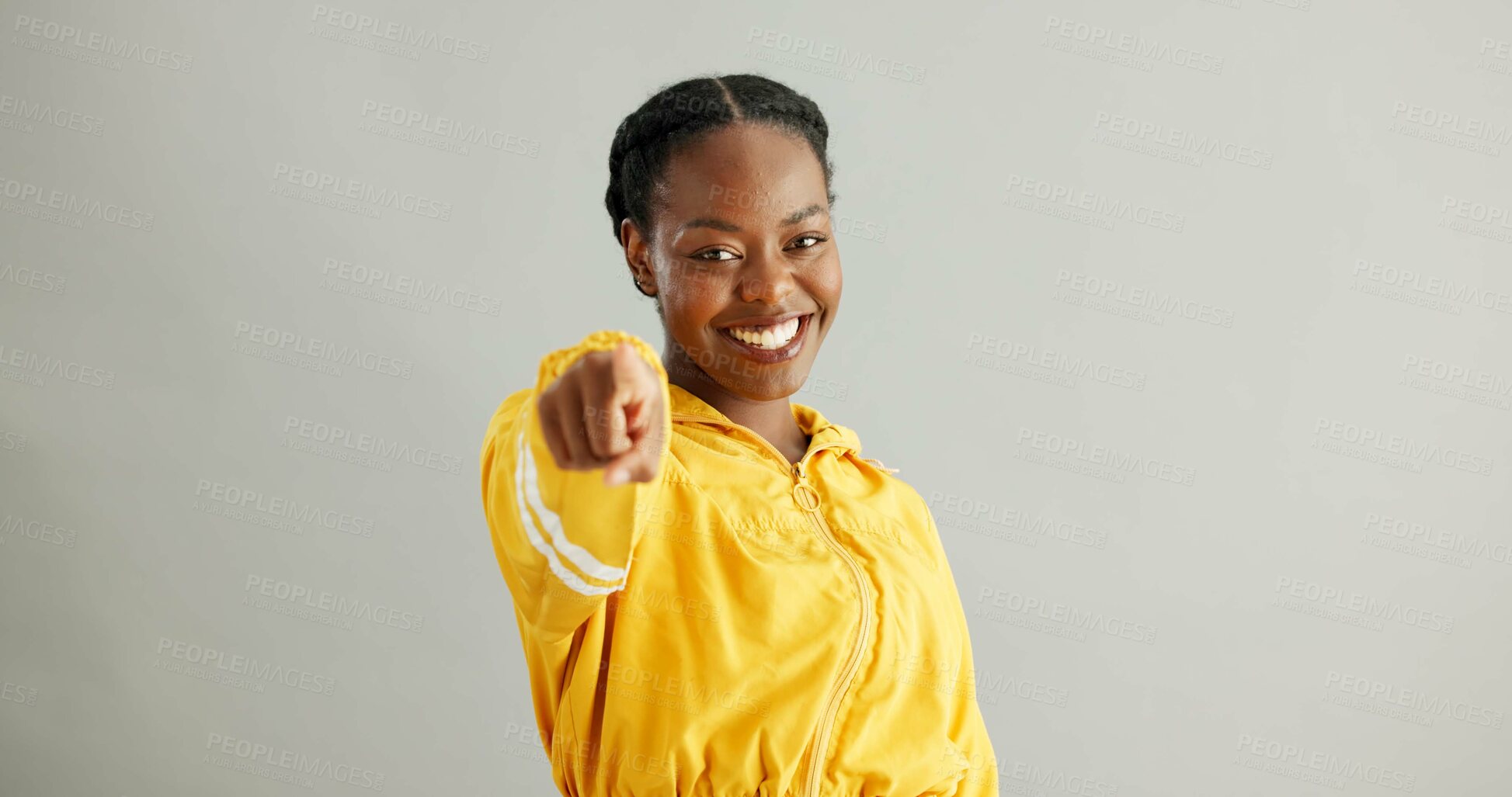 Buy stock photo Portrait, smile and black woman in studio pointing to you for opportunity, decision or selection on gray background. Vote, winner and person with hand gesture for option, choice or invite on mockup
