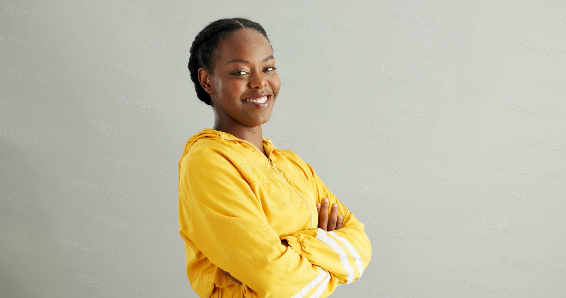 Buy stock photo Portrait, smile and black woman with arms crossed, fashion and confident model on grey studio background. African person, face or happy girl with casual clothing, pride and trendy with stylish outfit