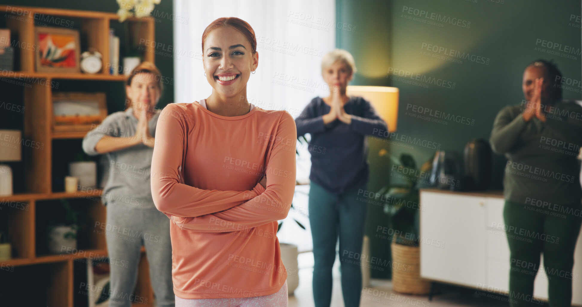 Buy stock photo Personal trainer, group and senior woman in portrait for meditation, guide and learning for mindfulness. Coach, yoga and person with smile, arms crossed and pride for volunteering at nursing home