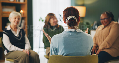 Buy stock photo Group therapy, senior women and circle for talking to psychologist for mental health in retirement. Therapist, support and meeting with people for discussion, help or care with advice in nursing home