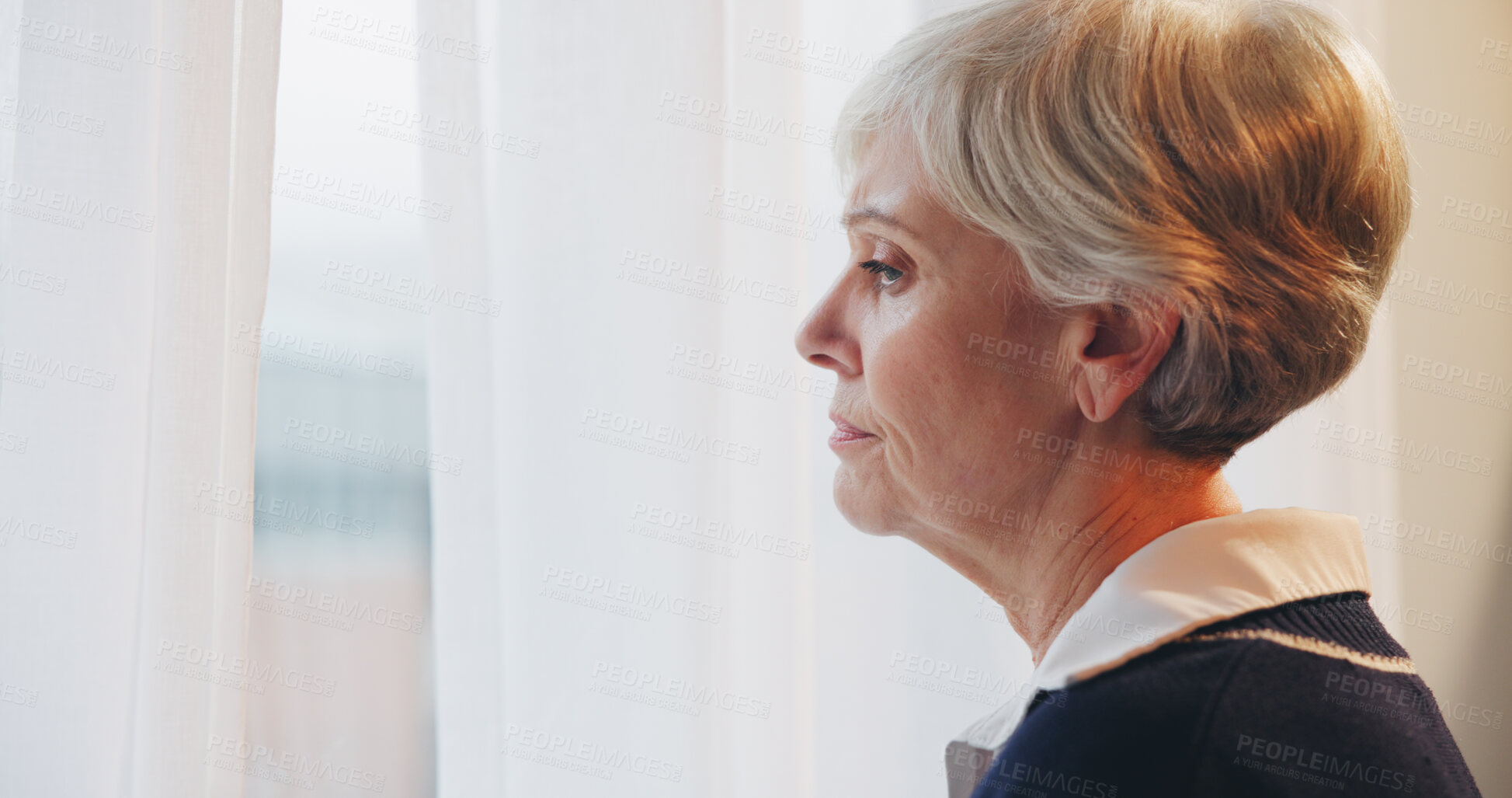 Buy stock photo Depression, memory loss and senior woman thinking at house window with Alzheimer, dementia or grief. Lonely, anxiety and sad elderly person in retirement home with stress, regret and doubt crisis