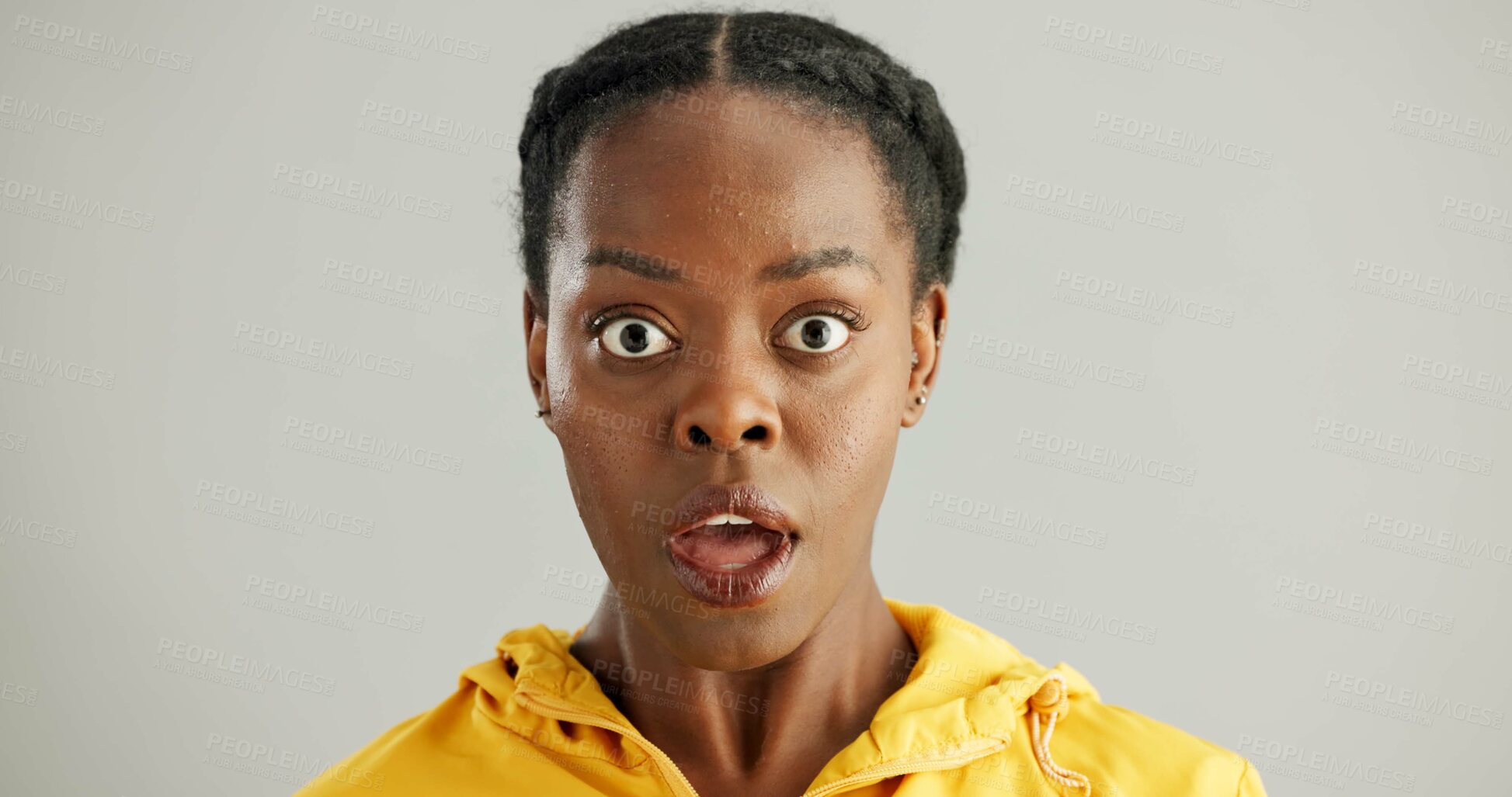 Buy stock photo Surprise, portrait and black woman in studio with omg for announcement, gossip or fake news on gray background. Wide eyes, emoji and person with reaction for secret, wow or unexpected revelation