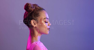 Buy stock photo Profile, woman and beauty with makeup, shine and stylish clothes with designer on studio background. Gen z, model and girl with mockup space, trendy and fashion with glow, casual outfit or aesthetic