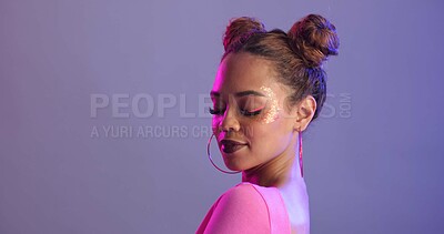 Buy stock photo Fashion, woman and beauty with makeup, gen z and stylish clothes with confident model on studio background. Person, mockup space or girl with closed eyes, lights and streetwear with aesthetic or glow