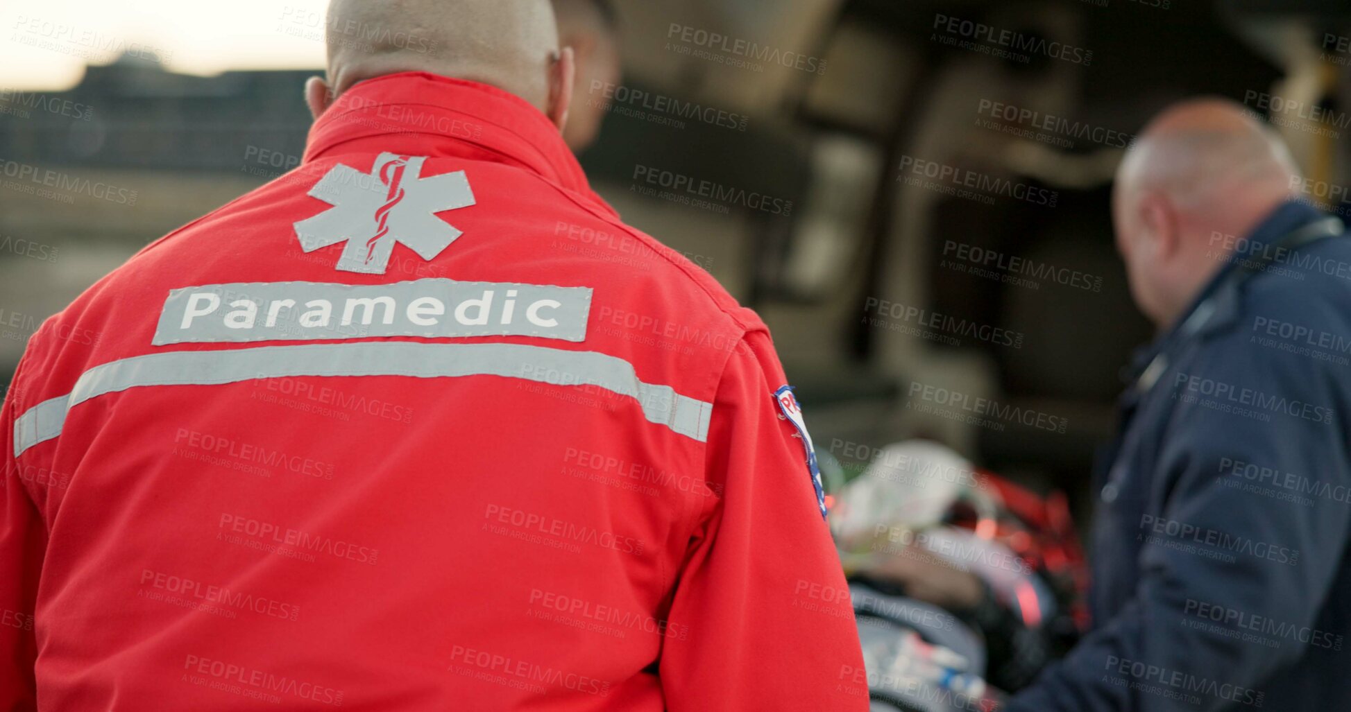 Buy stock photo People, uniform and paramedics with emergency, service and patient with injury, victim and teamwork. Staff, employees and medical with professional, vehicle and save life with ambulance or healthcare
