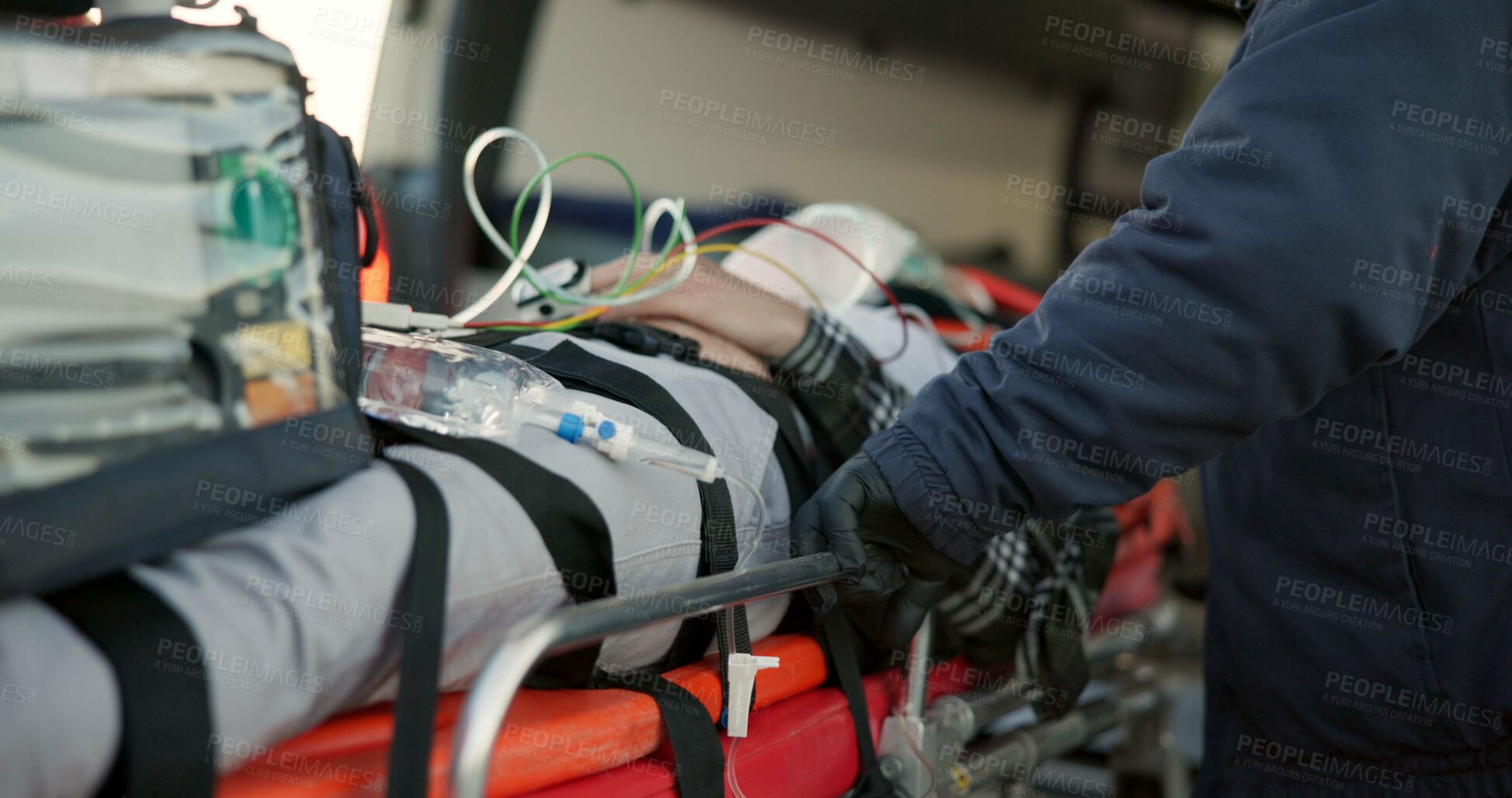 Buy stock photo Paramedics, emergency and victim with service, equipment and teamwork with medicare, injury and ambulance. People, medical and professional with patient, first aid and healthcare with skills or trust