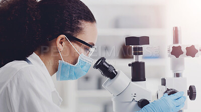 Buy stock photo Microscope, woman and scientist research for disease study with face mask and safety gear, Virus, laboratory and medical work with bacteria check and investigation of monkey pox for science journal