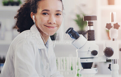 Buy stock photo Science, portrait and woman scientist with microscope for research, medicine and data analysis in lab. Laboratory, healthcare and face of female expert happy with medical, results and development