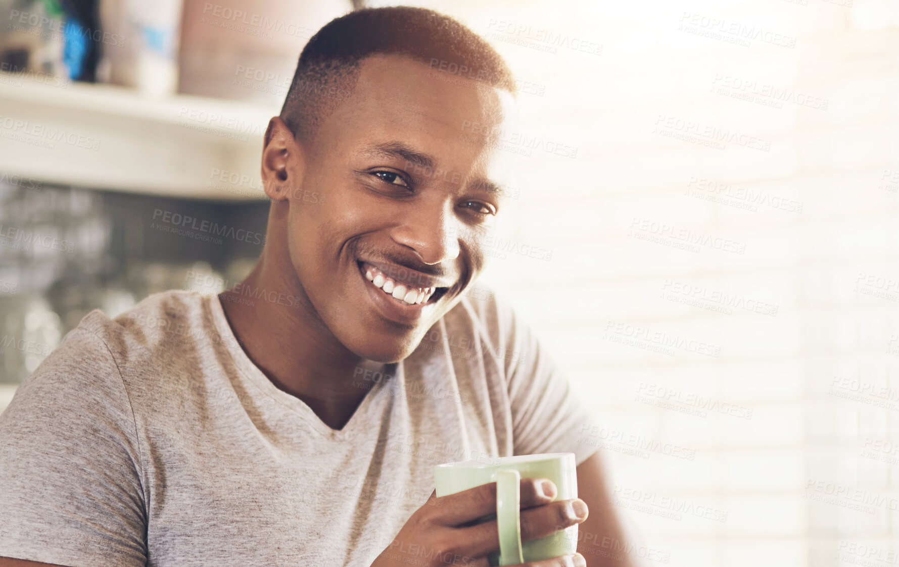 Buy stock photo Coffee, happy and portrait of black man in home in morning for routine with positive attitude. Smile, cappuccino and African male person drinking caffeine, latte or espresso for warm beverage.