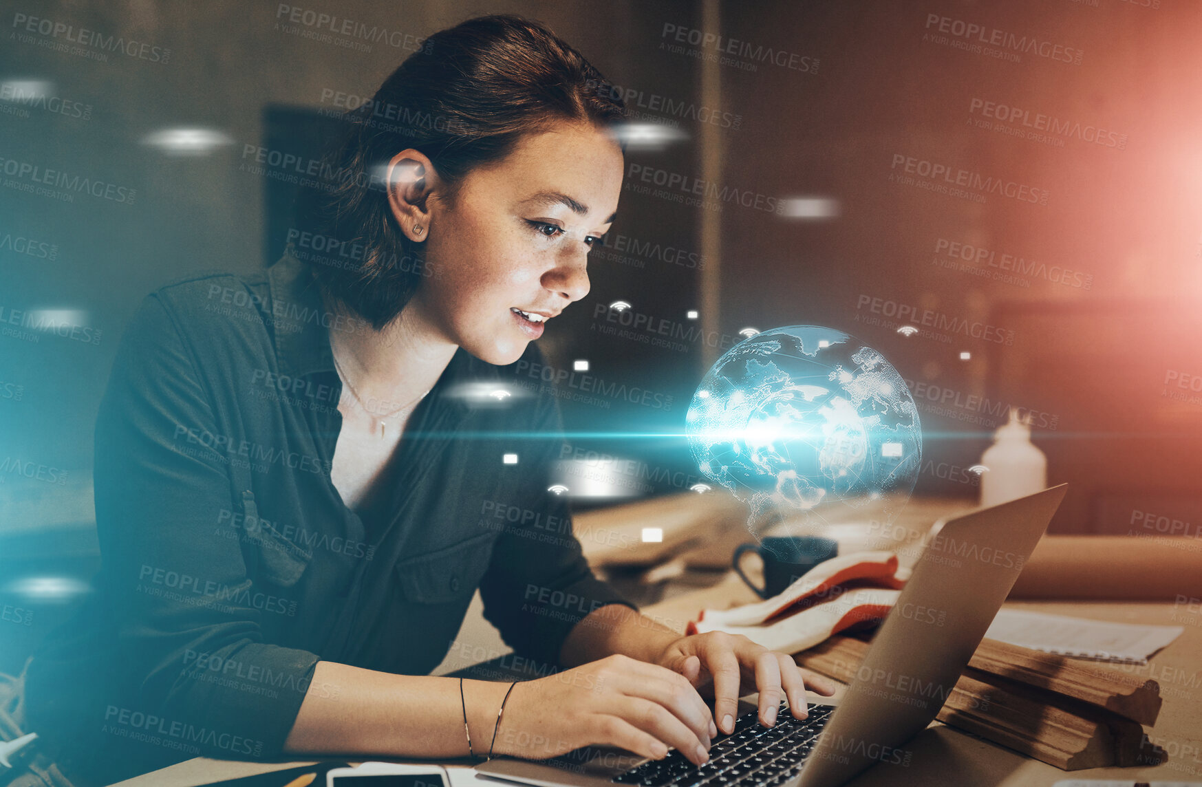 Buy stock photo Hologram, laptop and business woman at night for global networking, online connection and research. Professional, office and worker on computer with digital ui for website, internet or cyber world