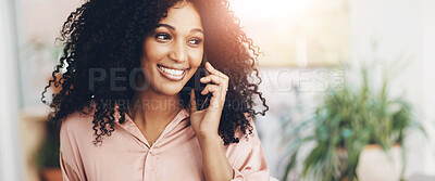 Buy stock photo Phone call, smile and business woman in office with mobile for conversation, networking and listening to source. Creative writer, talking and African employee for publishing, content creation or info