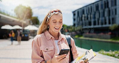 Buy stock photo Outdoor, student and girl with cellphone, excited and reading of message, notification and results for exam. Campus, mobile and person with scholarship in college, happy and online with pass of test