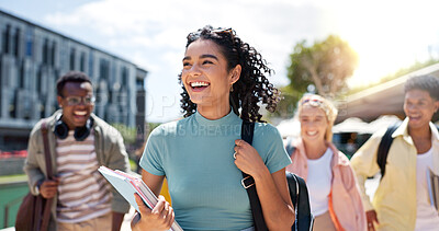 Buy stock photo Walking, happy and girl with friends at university for learning, bonding and talking with fun. People, school and group of gen z students commuting outdoor ready for education at college campus.