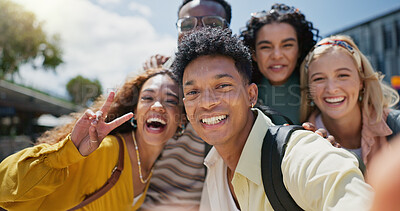 Buy stock photo Selfie, students and group with diversity, smile and education with break, cheerful and bonding together. Face, people and friends with picture for memory, peace sign and playful with fun and joyful