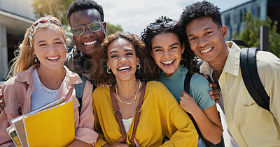 Buy stock photo Happy, university and laughing portrait with friends and class diversity on college campus with smile. School, education and students with support and backpack outdoor at learning academy with people